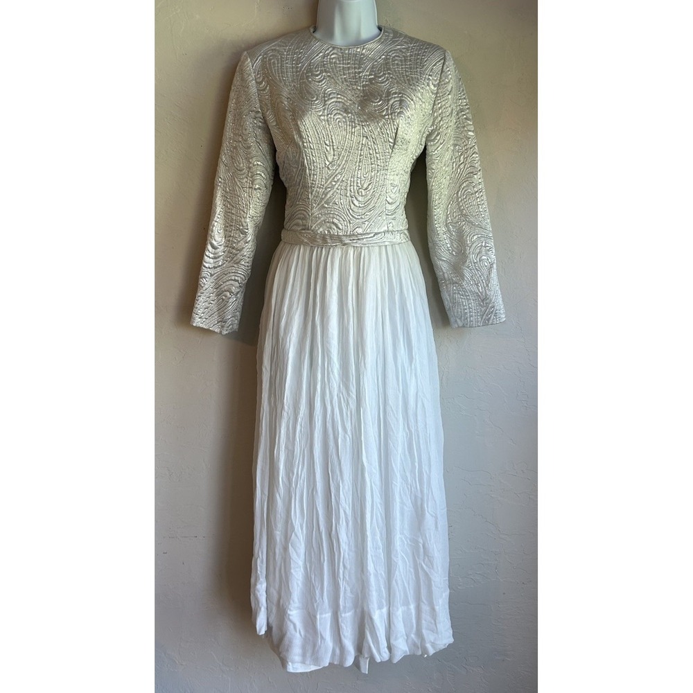 Vintage 70s Krist San Fran Metallic Silver Jacquard Silk Dress S Elegant Party